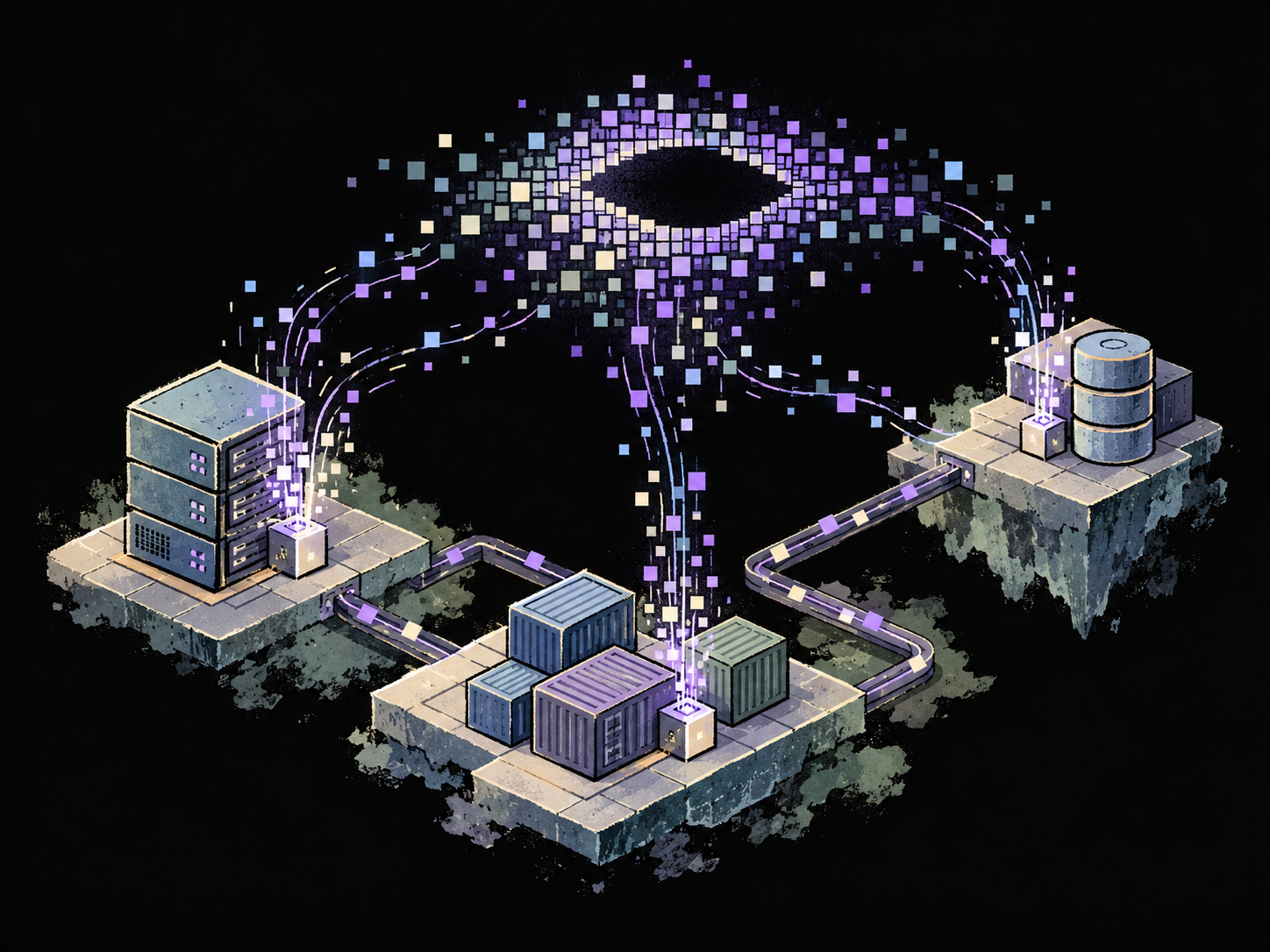 Hosts, workloads, and a remote service contribute telemetry to a pixel field that suggests Prophet’s eye.