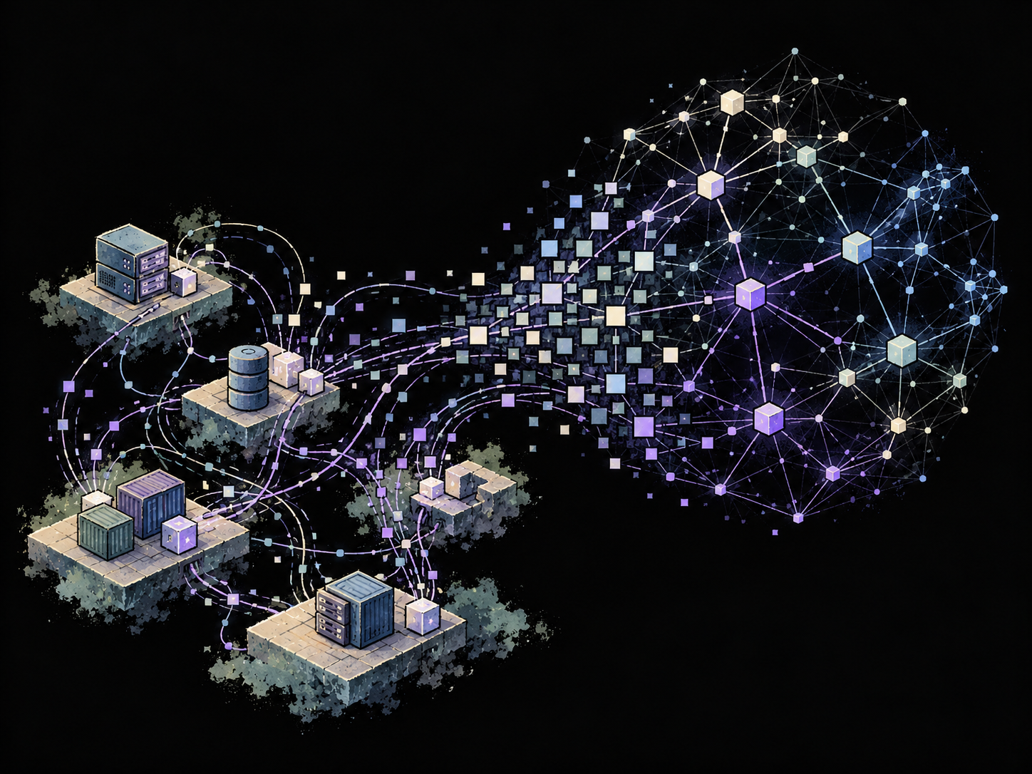 Distributed network fragments and communication traces resolve into a coherent graph of connected systems and services.