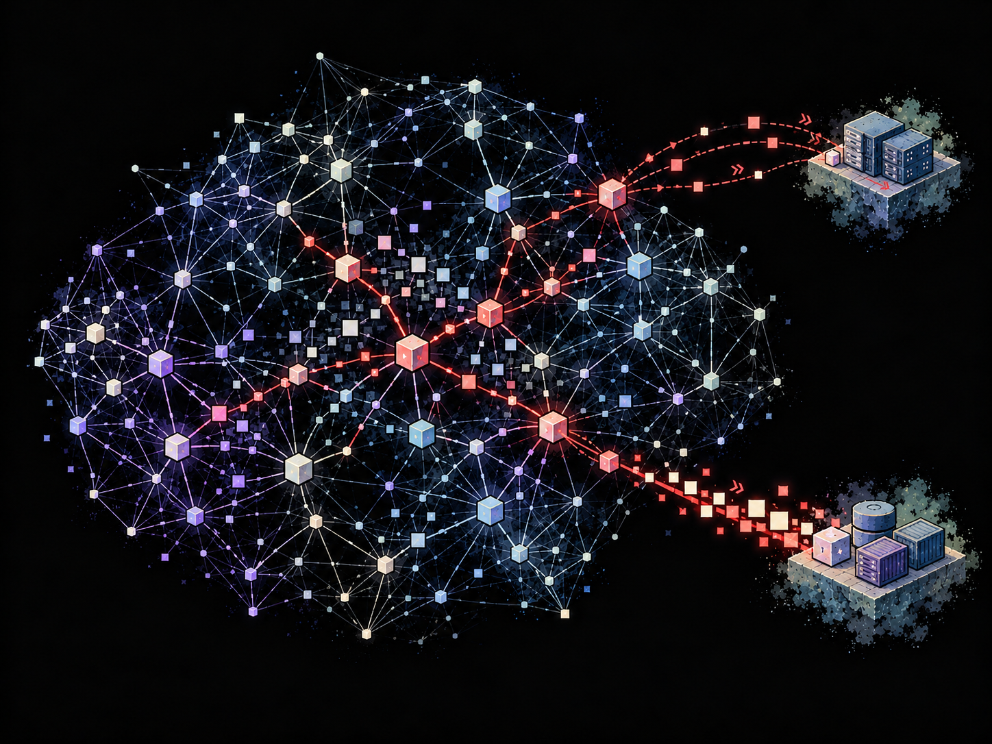 Red relationships connect entities within a larger network graph and extend to external services, with repeated exchanges and an outbound data stream.