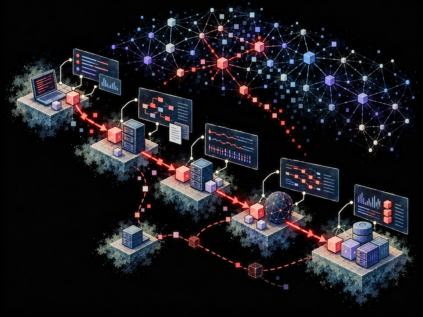 A red attack pattern becomes a connected sequence of events, supported by host and network evidence at each stage.