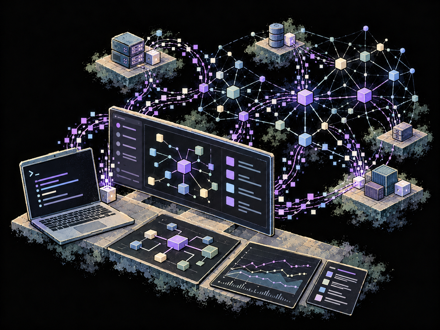 A terminal and console share network and host evidence, producing a dependency map, application behavior analysis, and supporting explanations.