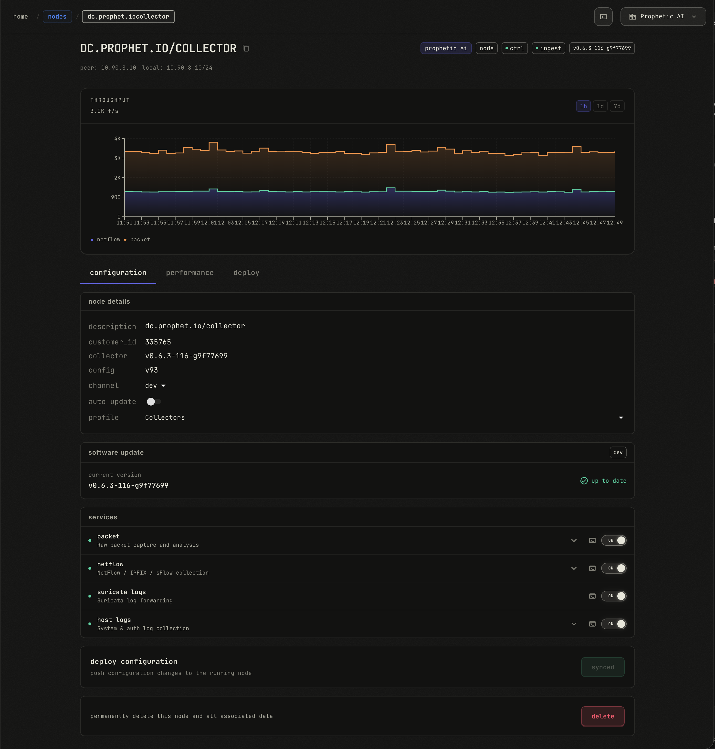Prophet Node configuration showing its collection profile, software update status, and enabled packet, NetFlow, Suricata log forwarding, and host log services.