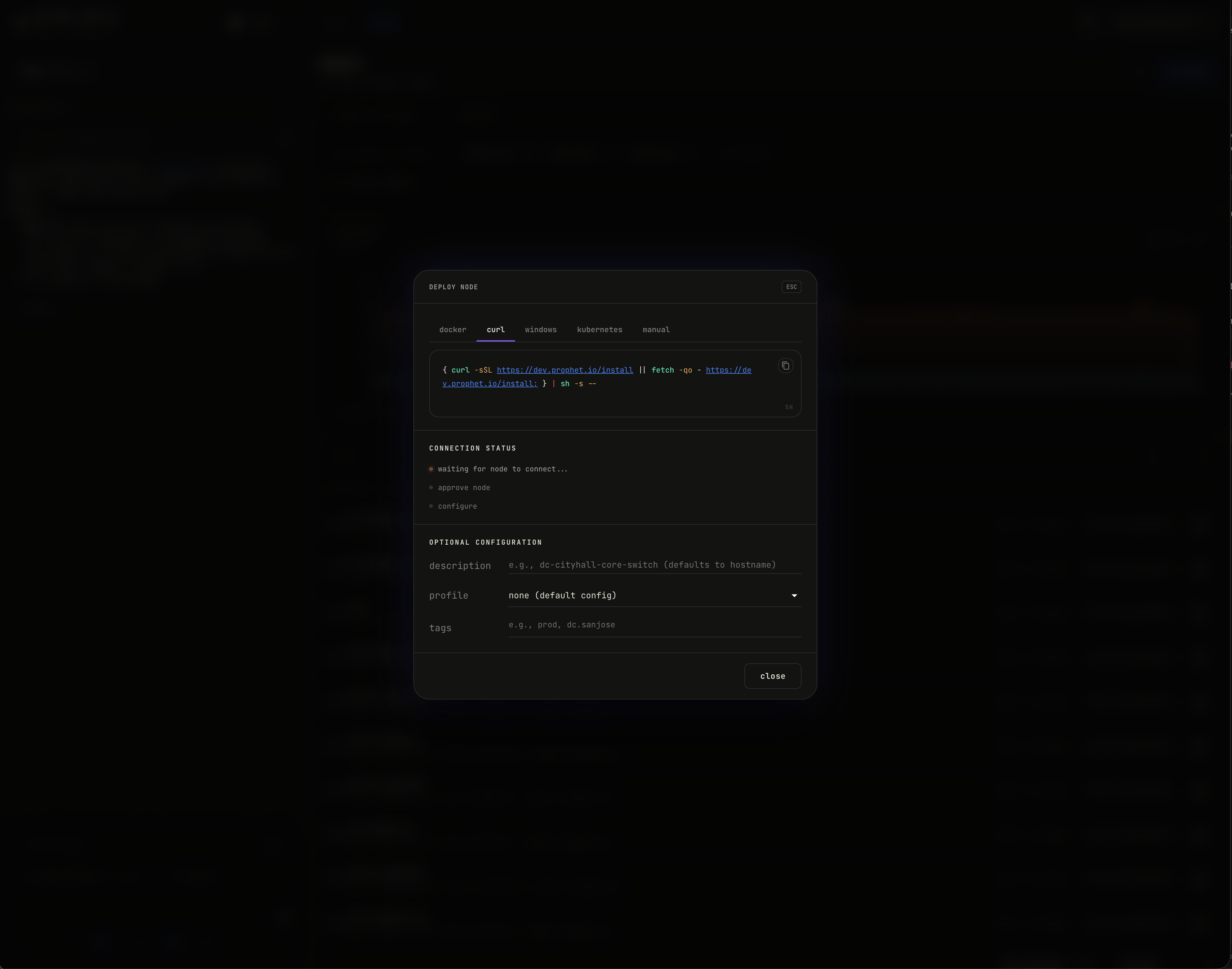 Prophet Console Deploy Node dialog with deployment methods, a generated install command with its provisioning token redacted, a waiting-for-connection status, and optional profile settings. The shown command is not runnable.