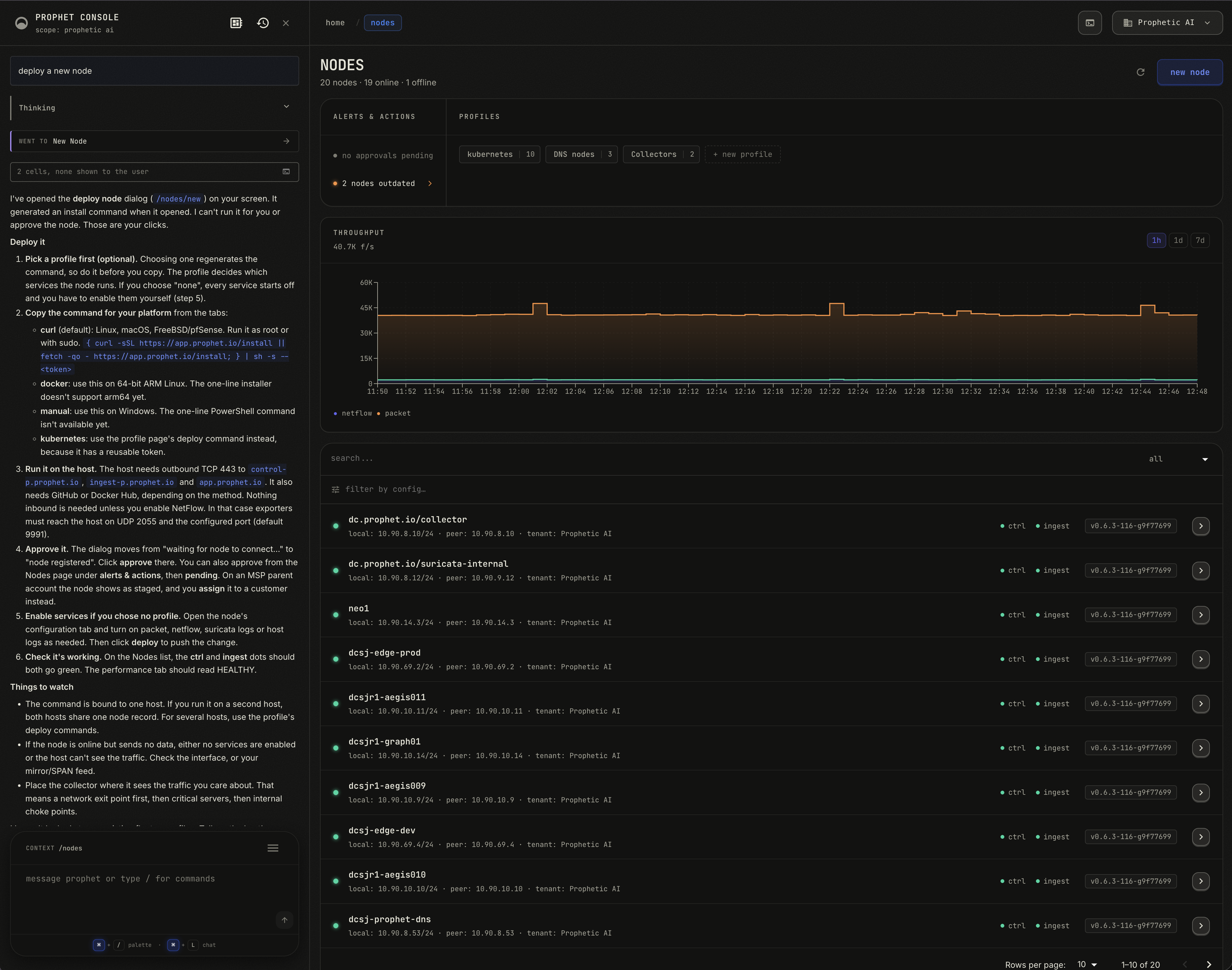 Prophet Console showing a Node fleet, profiles, flow-telemetry throughput, and individual Node connectivity, with Prophet Agent deployment guidance alongside.